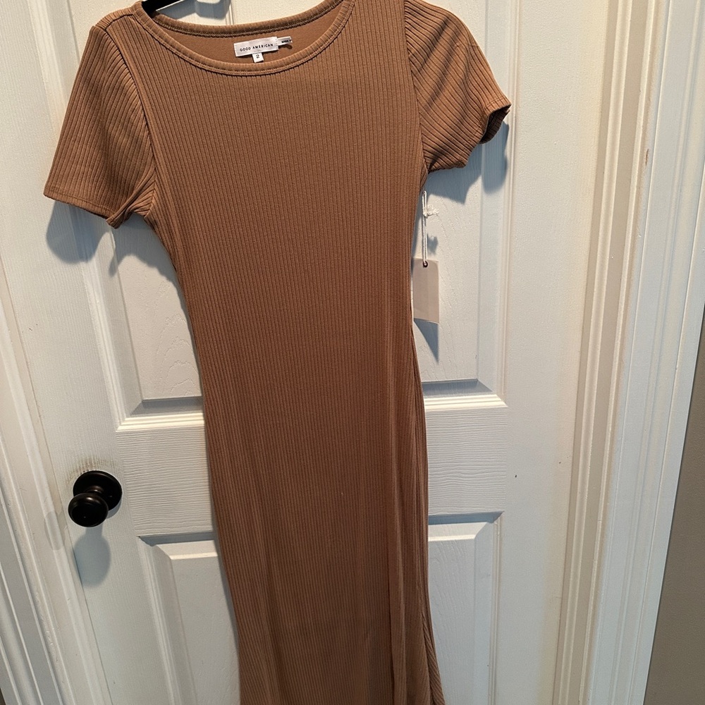 Good American Ribbed Brown Midi Dress